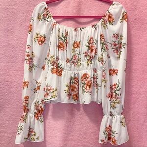 Romantic White Pink Floral Print Off Shoulder Top Flowy Green Yellow Garden Long